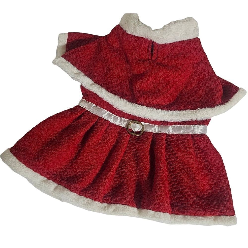 Santa Dress Dog Cat Pet Costume Red Plaid Fuzzy Trim Belted‎ Size L